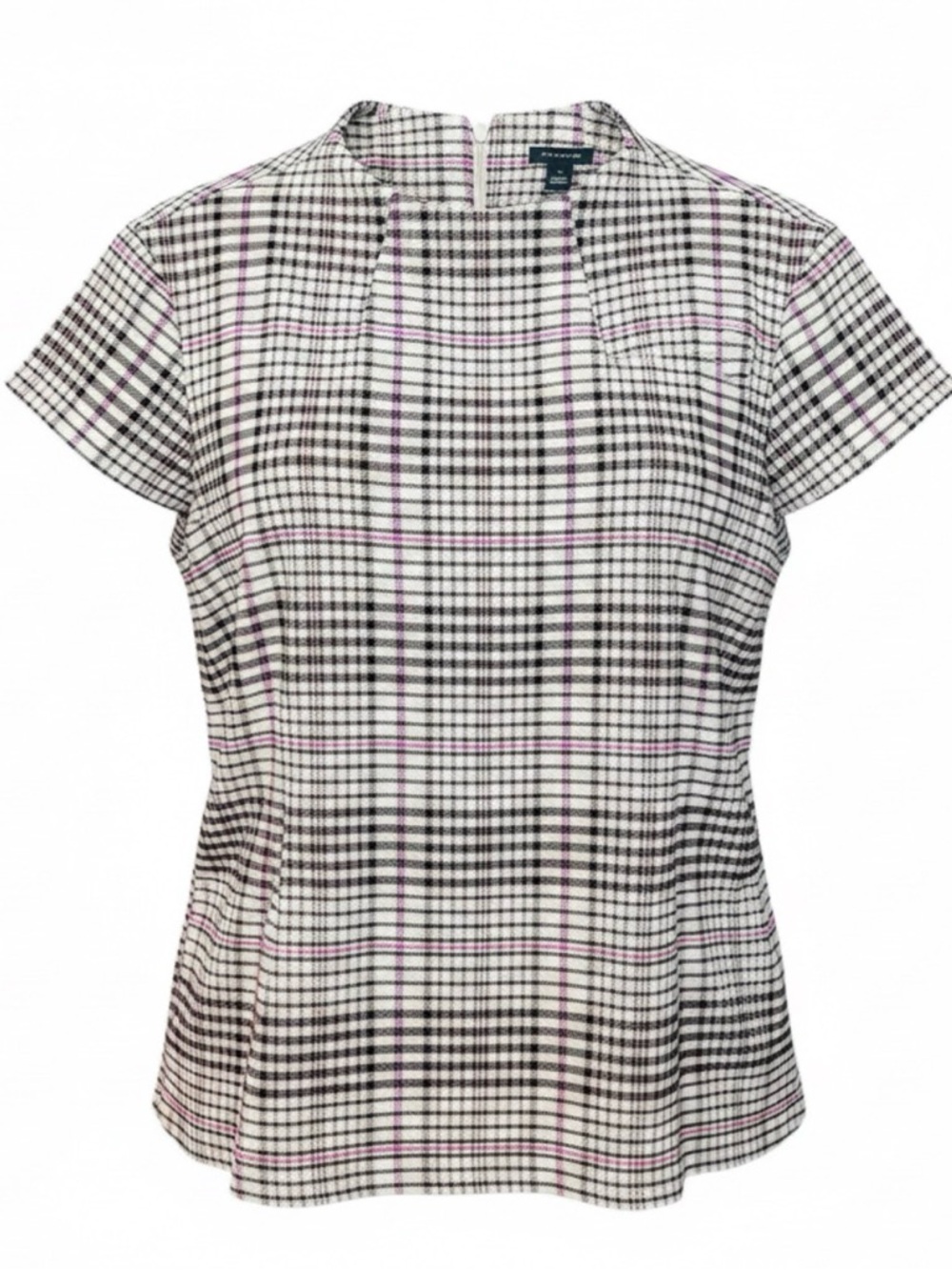 NWT Ann Taylor Black, White & Pink Plaid Short-Sleeve Top. Size 12